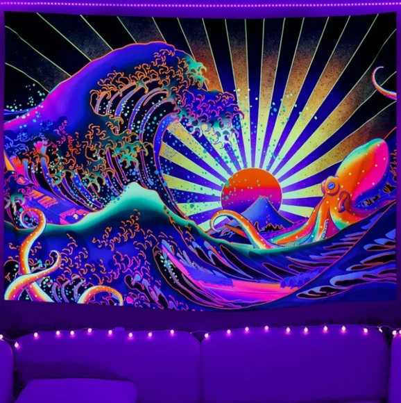 Black Light Great Wave Dark Neon Wall Art Blacklight Octopus Sunrise Tapestry